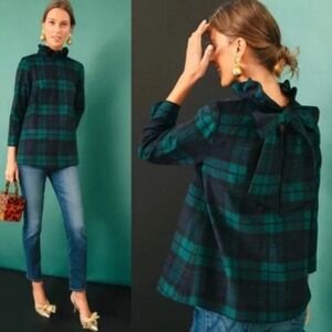 Tuckernuck Blackwatch Faye Plaid Wool Ruffle Neck‎ Bow Back Blouse Top Sz XS NWT